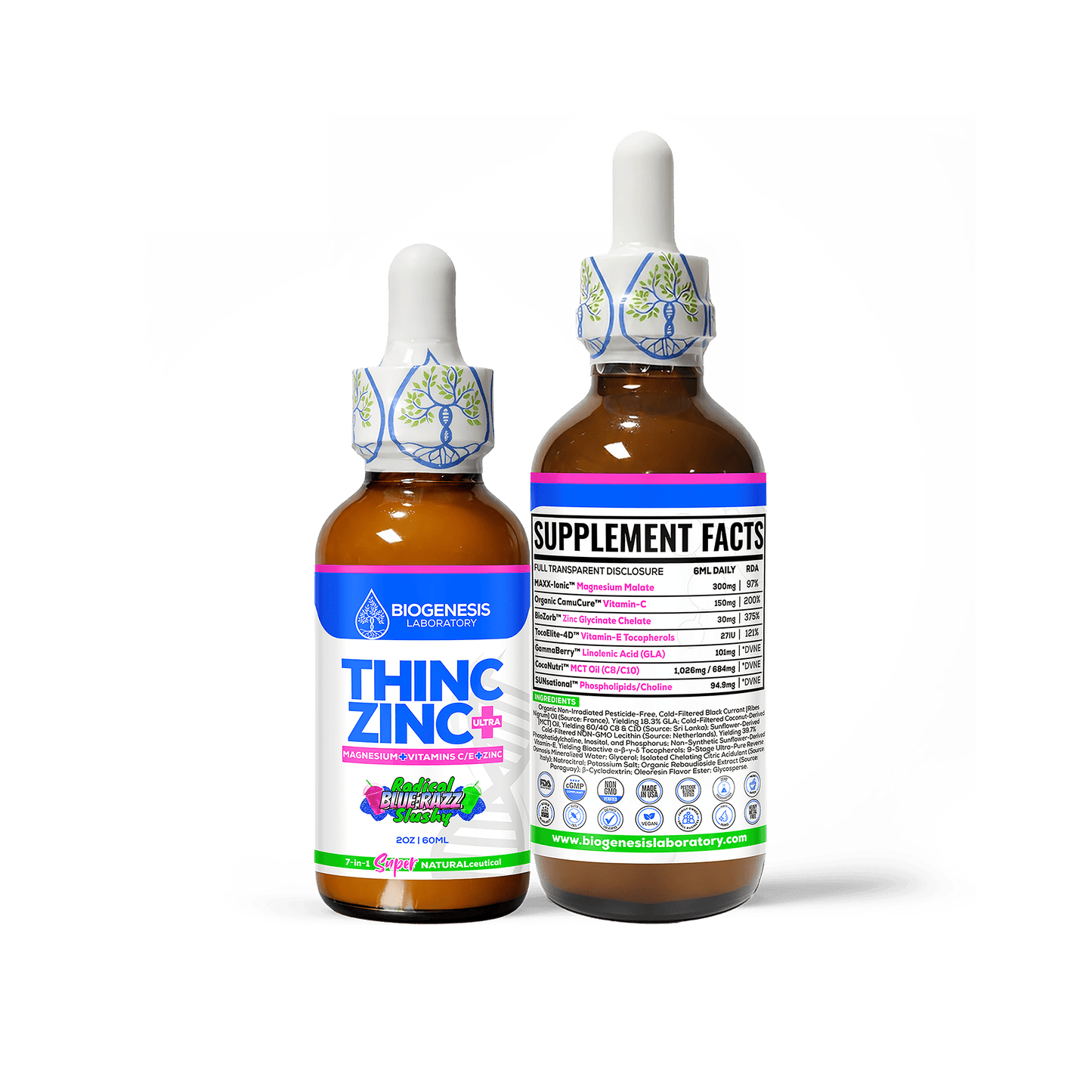 ThincZinc+ ULTRA | 7 - in - 1 Organic Chelated Zinc, Magnesium, Camu Vitamin - C, and Vitamin - E in MCT & Black Currant Berry Oil | 4oz, 120mL - BioGenesis Laboratory